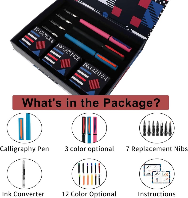 DTianSir Calligraphy Pen Set,Fountain Pens with 7 Different Replaceable Nibs with 60 Ink Cartridges(12 Colors),Calligraphy Set for Beginner Writing Drawing - Image 5